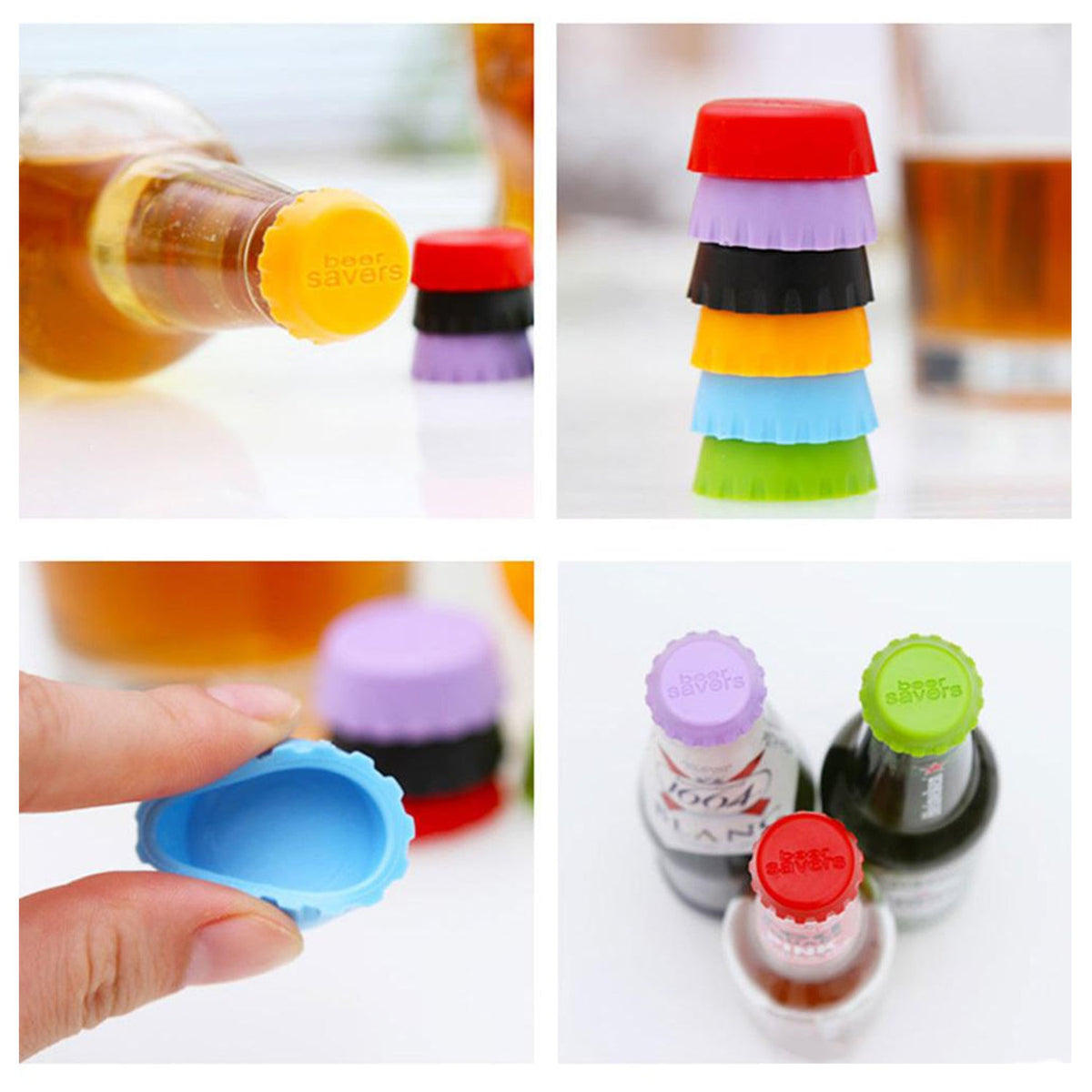 6-pack beer saver silicone caps sealing various beverage bottles. Main image