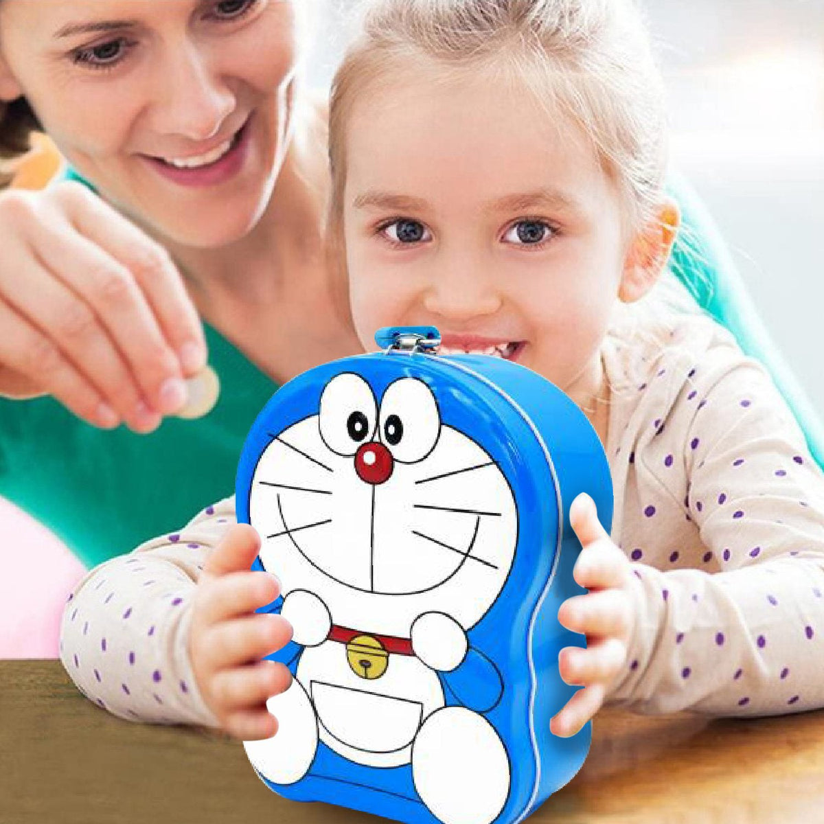 Kids metal piggy bank with a vibrant cartoon character design. Main image