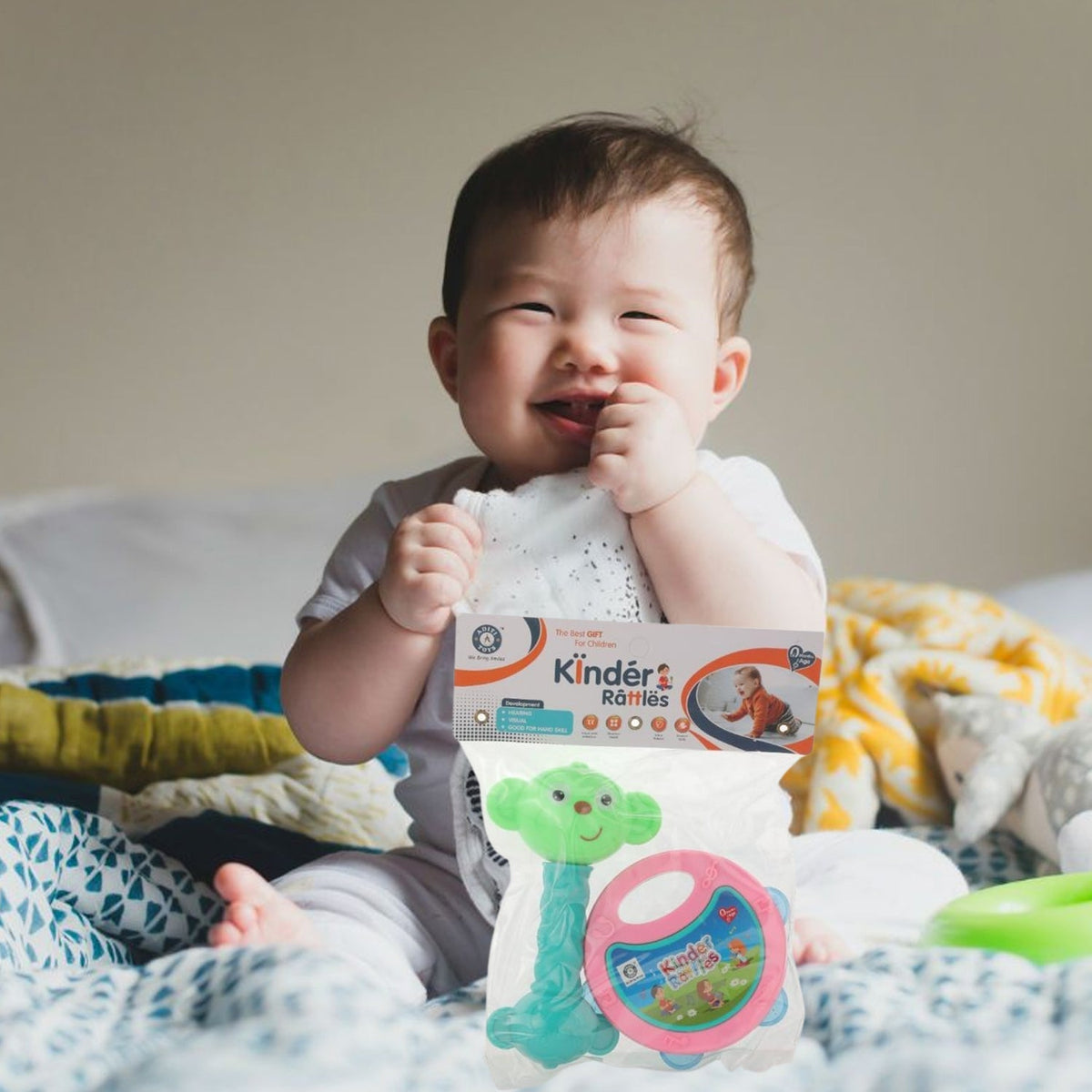 Two-piece set of baby rattles with a bright, appealing design for infant play. Main image
