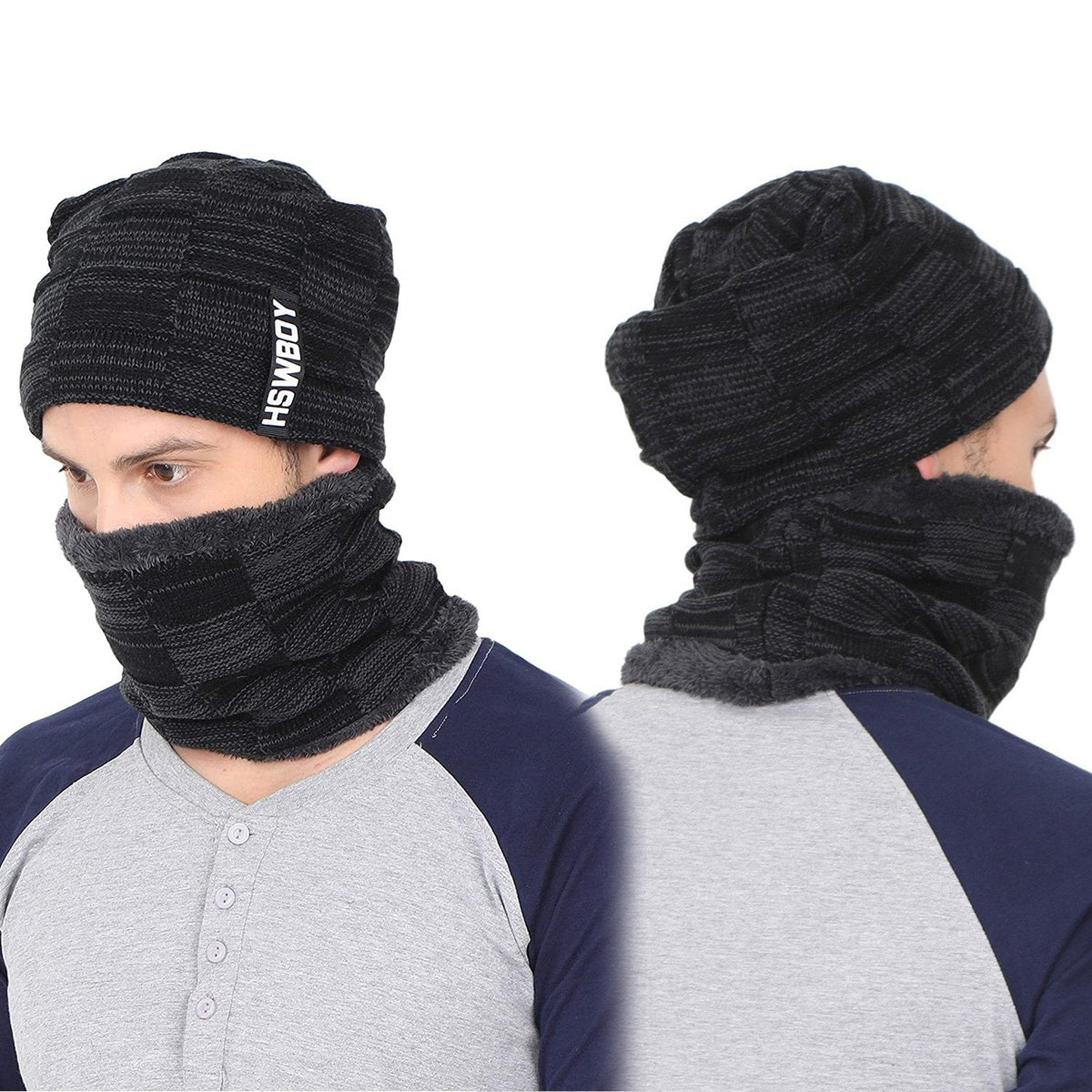 Unisex woolen beanie scarf set in classic black, perfect for winter warmth. Main image