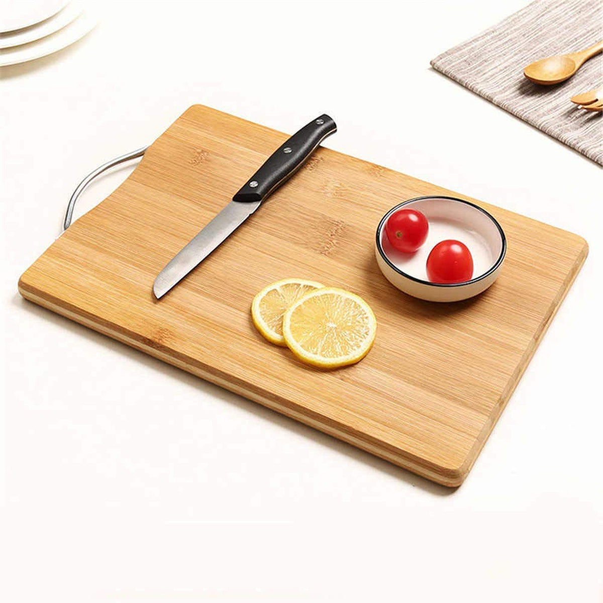 Premium wooden chopping board with a sturdy metal handle and anti-skid base. Main image
