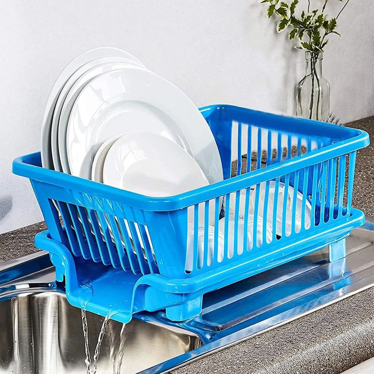 Plastic dish drainer rack with utensil holder in a brown box for kitchen organization. Main image