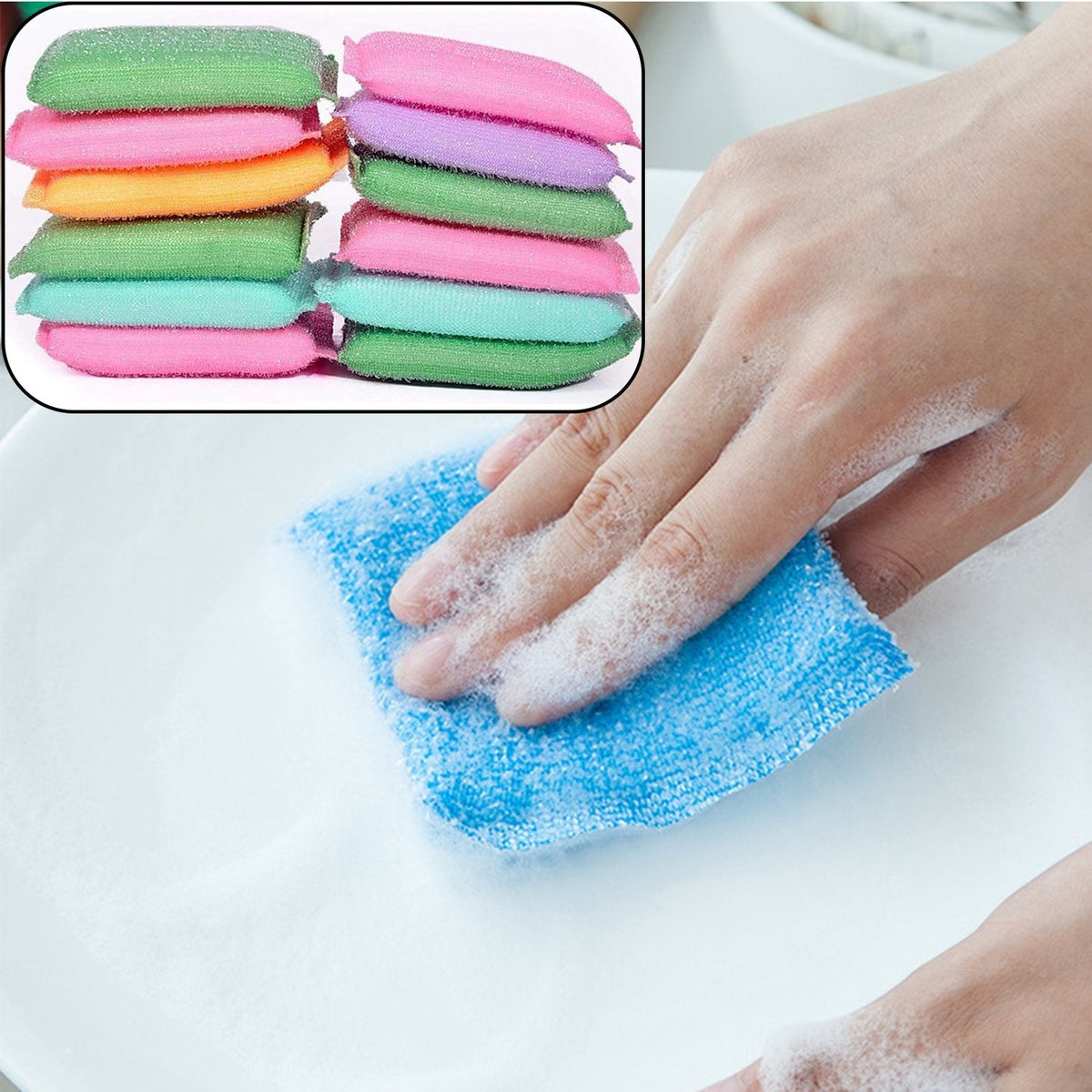 Pack of 12 scratch proof kitchen scrubber pads for gentle utensil cleaning. Main image