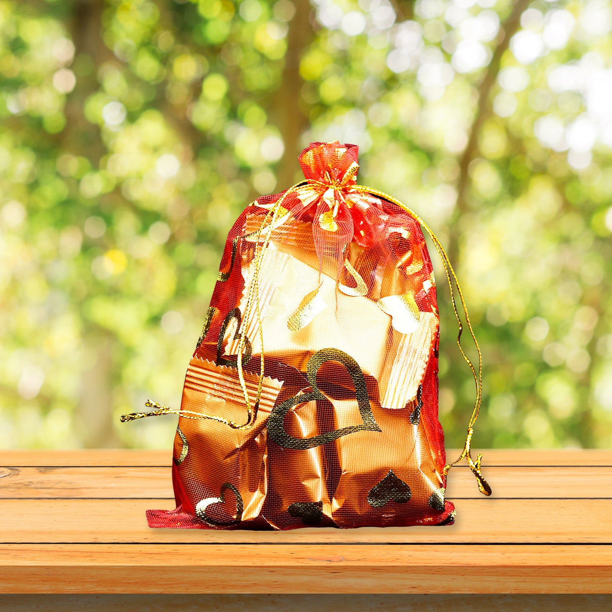 Transparent net fabric Shagun Potli bag with drawstring, ideal for dry fruits. Main image