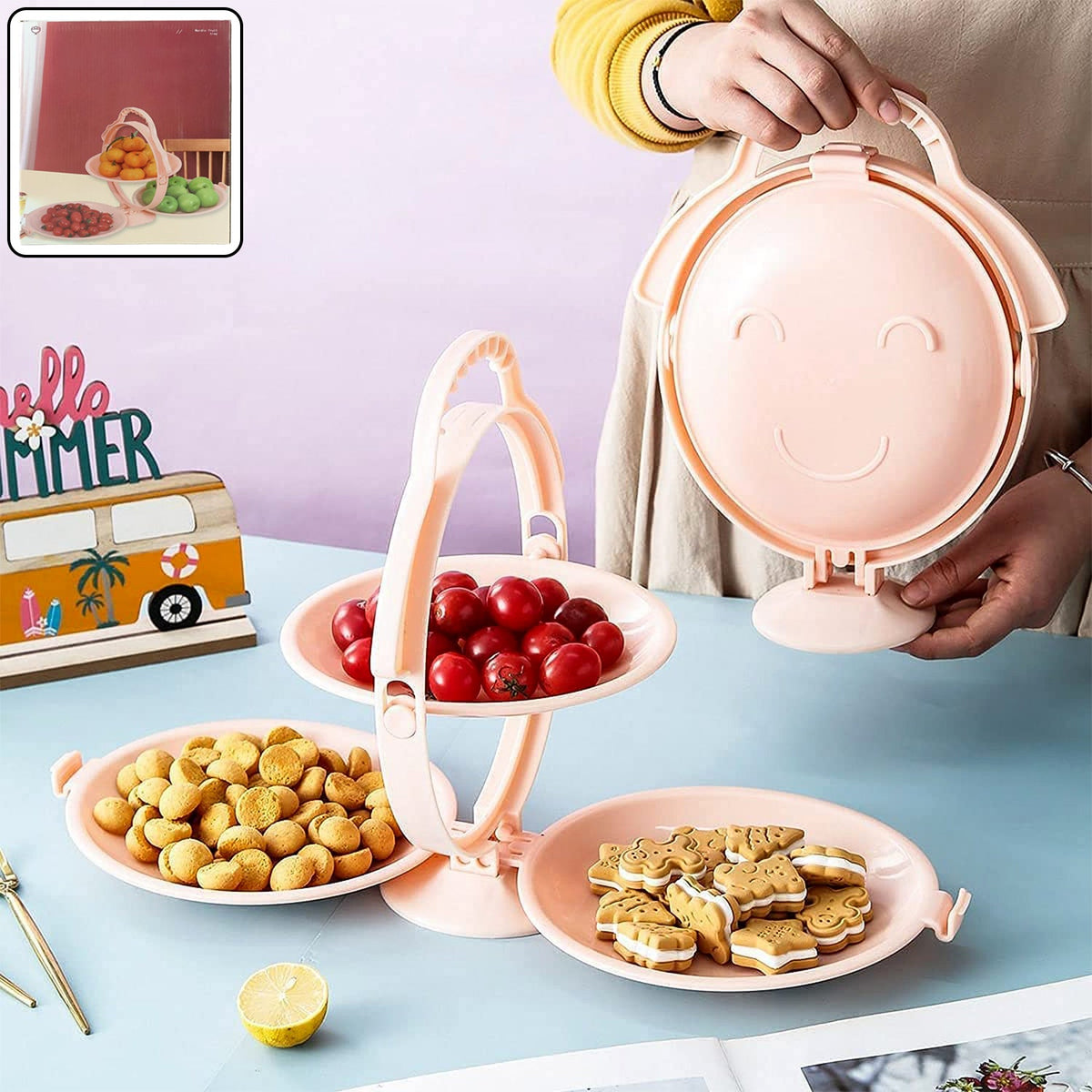 3-layer foldable snack serving stand with round trays displaying fruits and snacks Main image