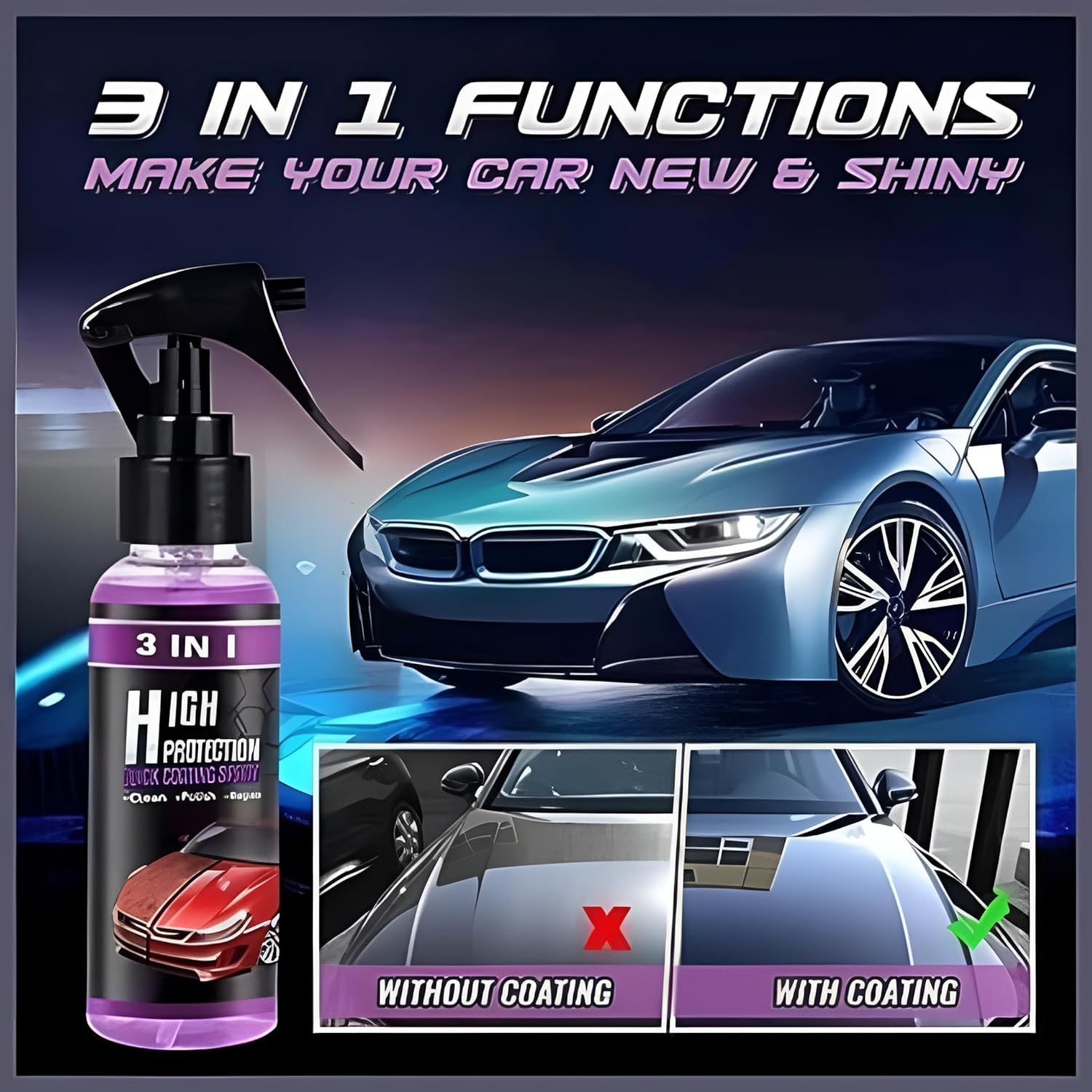 3 in 1 High Protection Car Quick Coating Spray, Car Rapid Ceramic Paint Coating, Nano Polishing Spray (Pack of 1) Secondary image