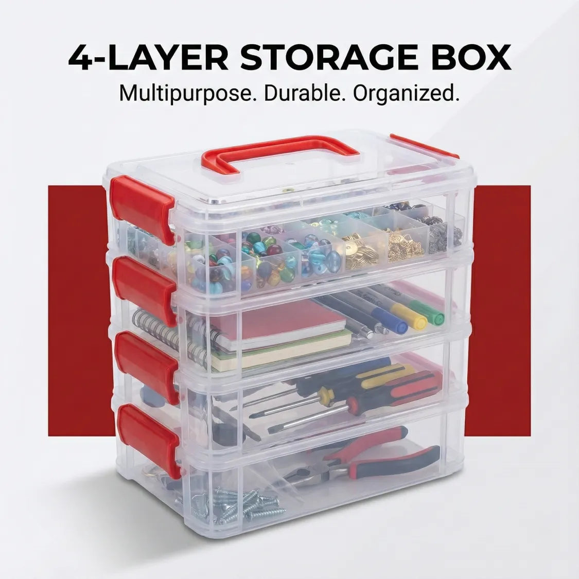 4-layer transparent plastic storage box with handle ideal for craft supplies Main image
