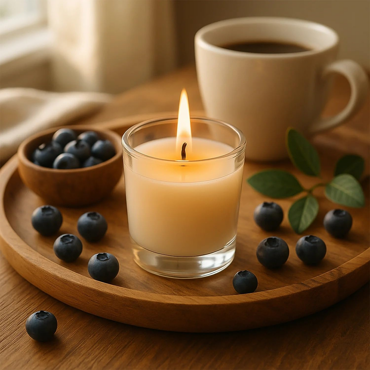 Blueberry Scented Candle in a clear glass votive, lit and glowing warmly. Main image