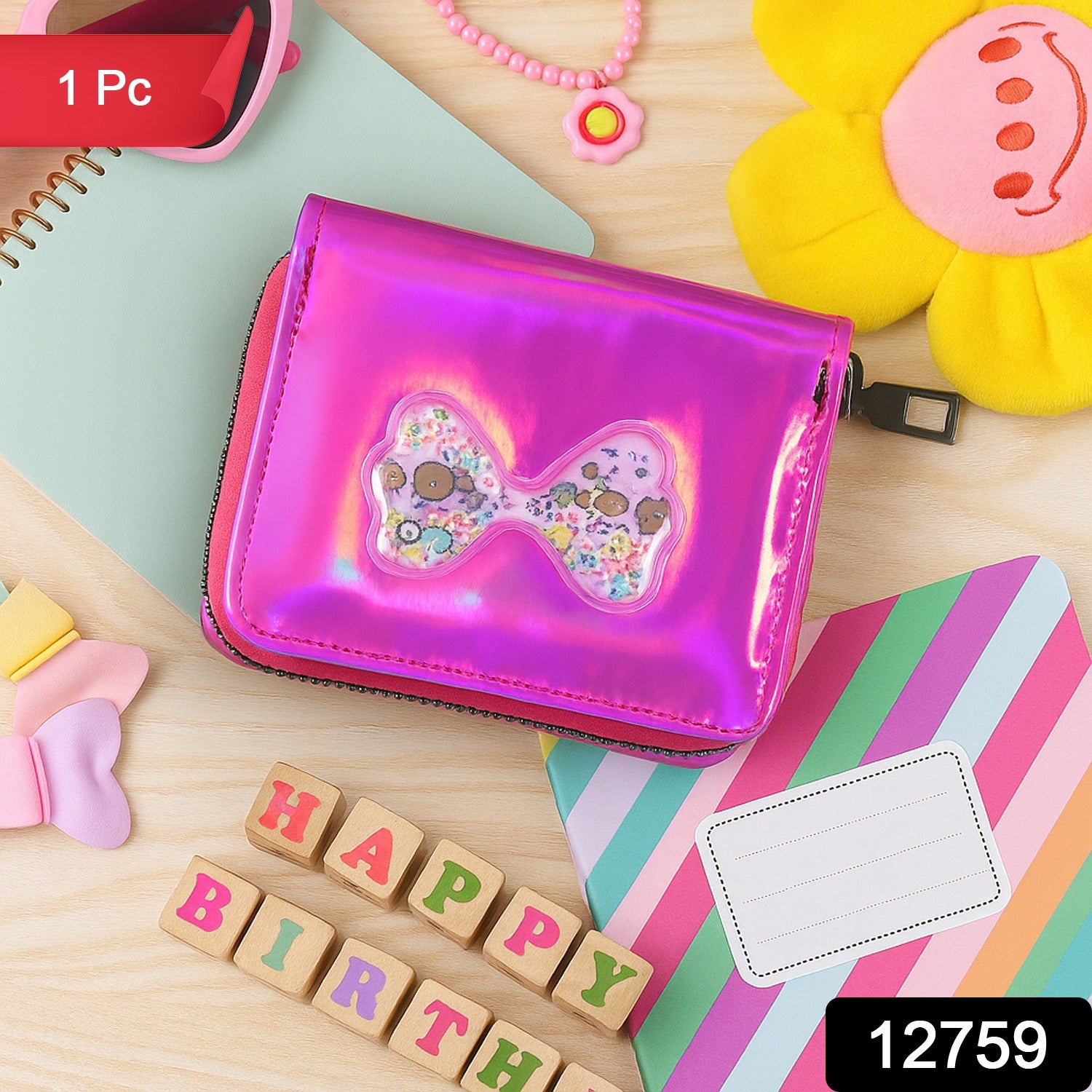 Kids Wallet – Vibrant Holographic Zip Closure with Glitter Bow Secondary image