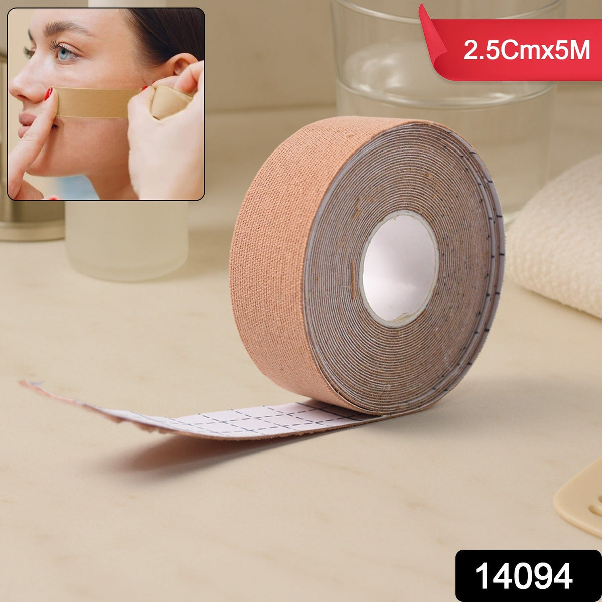 Model showing face lifting tape applied for instant wrinkle reduction and facial firming Main image