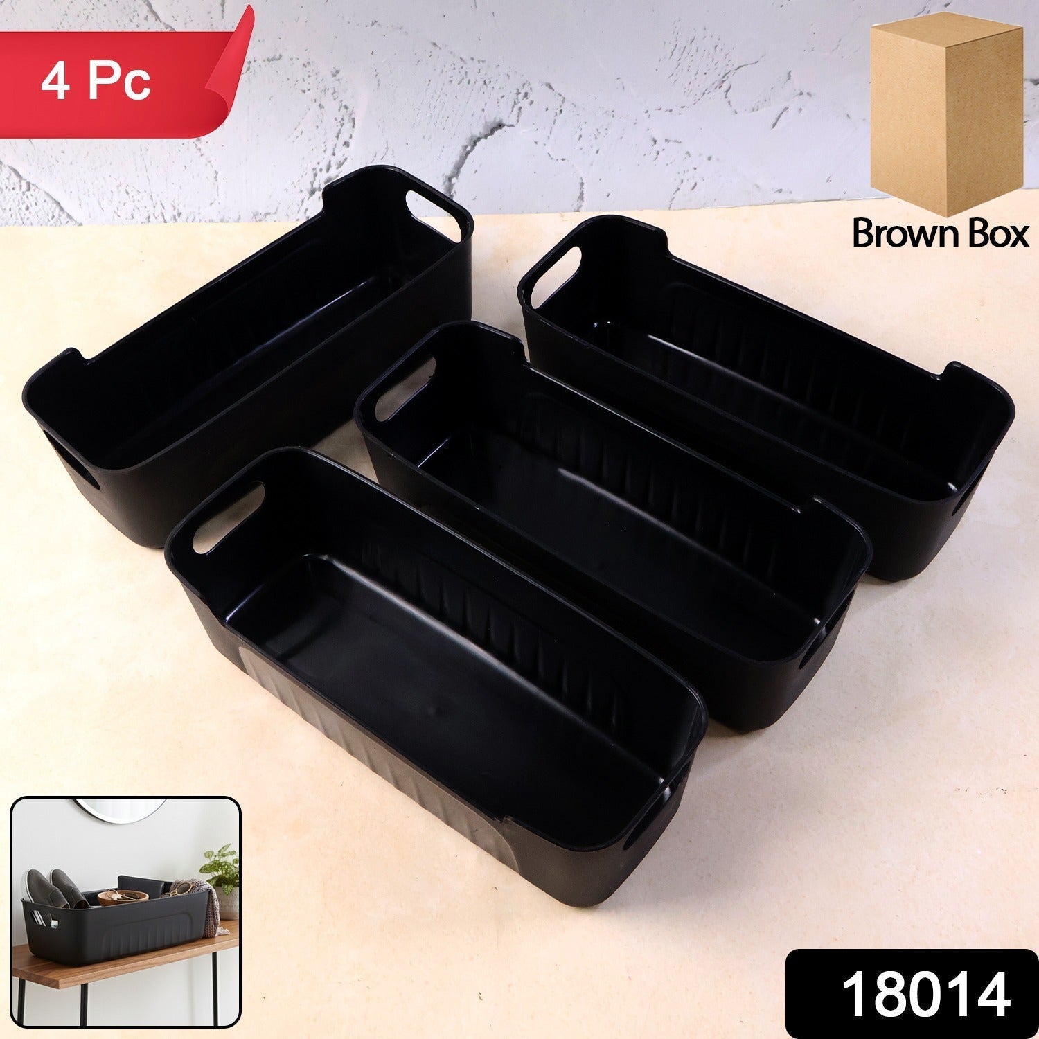 Black Plastic Storage Basket Tray – 4-Piece Stackable Organizer Secondary image