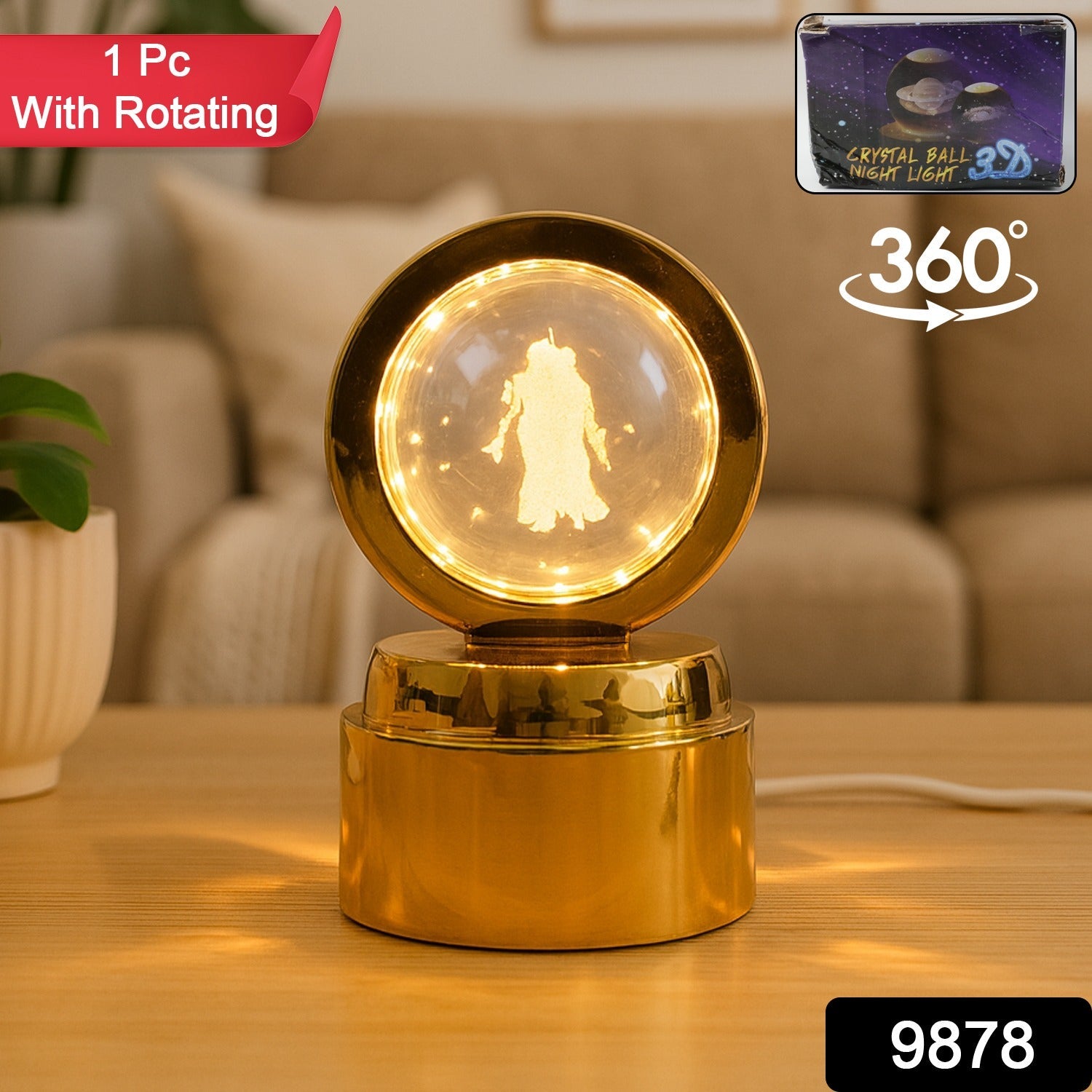Radhe Krishna Crystal Ball Night Light – 360° Rotating LED Lamp Secondary image