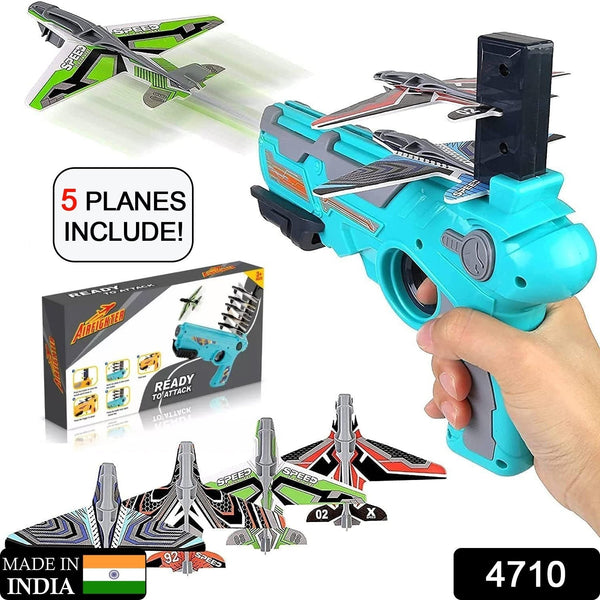 Children happily playing outdoors, launching a foam airplane with the toy gun.