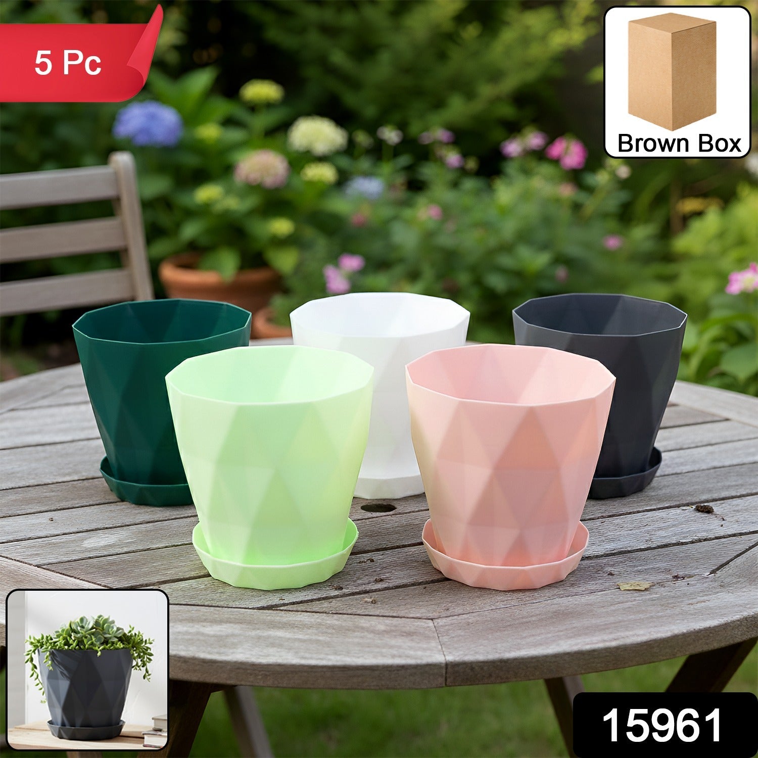 Diamond Design Plastic Flower Pot Set – Stylish 5-Piece Planters with Drain Tray Secondary image