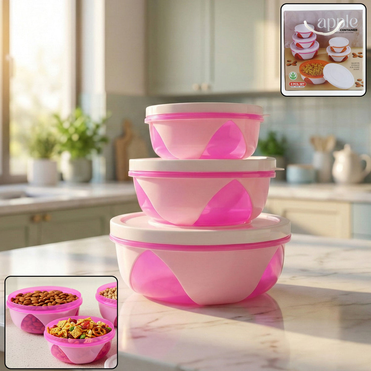 Set of three plastic storage containers with airtight lids in pink and white Main image
