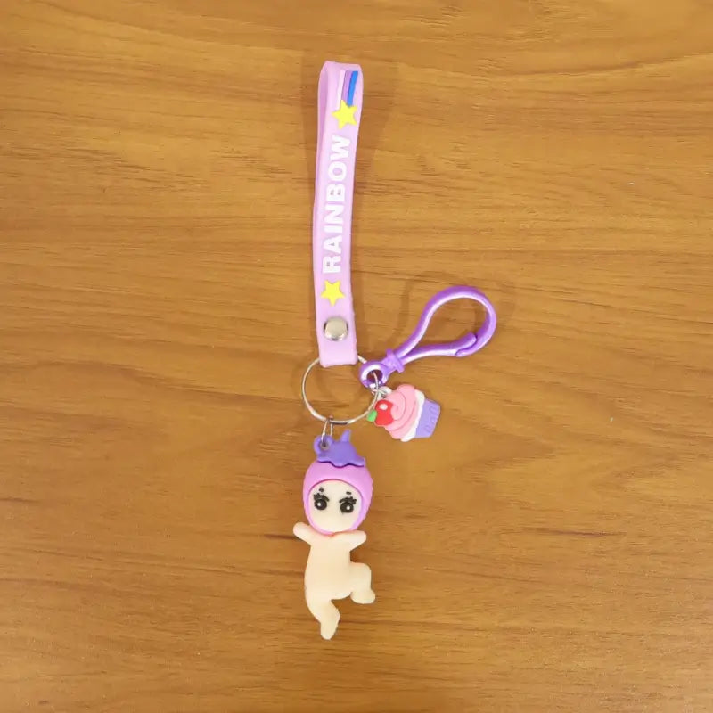 Doll Cupcake Keychain with Rainbow Strap – Cute Cartoon Keyring for Bags, Backpacks & Gifts