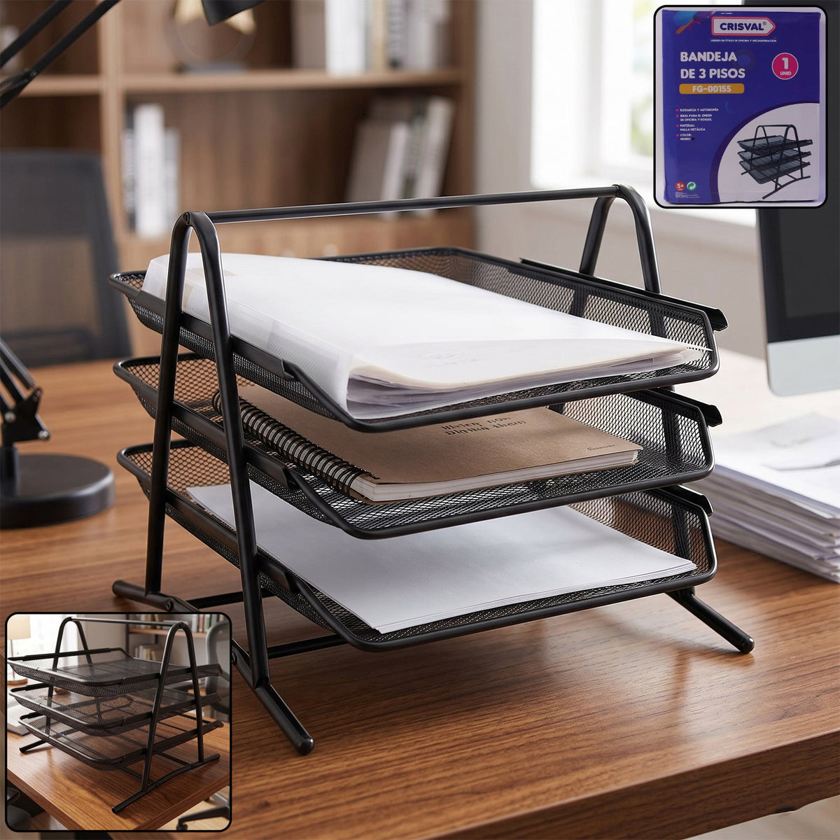 Heavy duty metal 3-tier organizer rack with black finish for office and home Main image