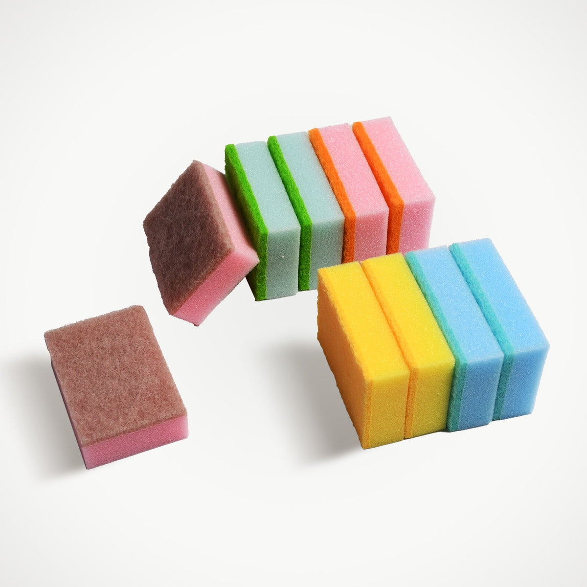 Stack of vibrant, multi-purpose dish cleaning sponges for kitchen use. Main image
