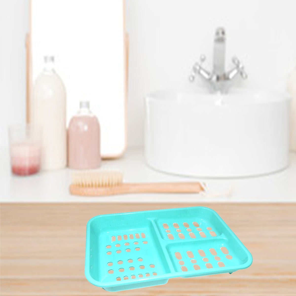White 3-in-1 self-draining soap dish with three distinct compartments for bathroom use. Main image