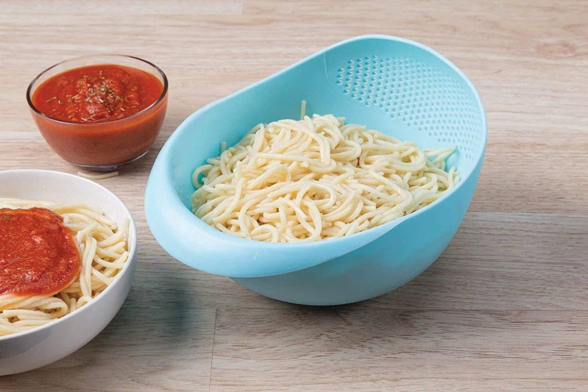 Large plastic rice bowl strainer in use, showing grains being washed. Main image