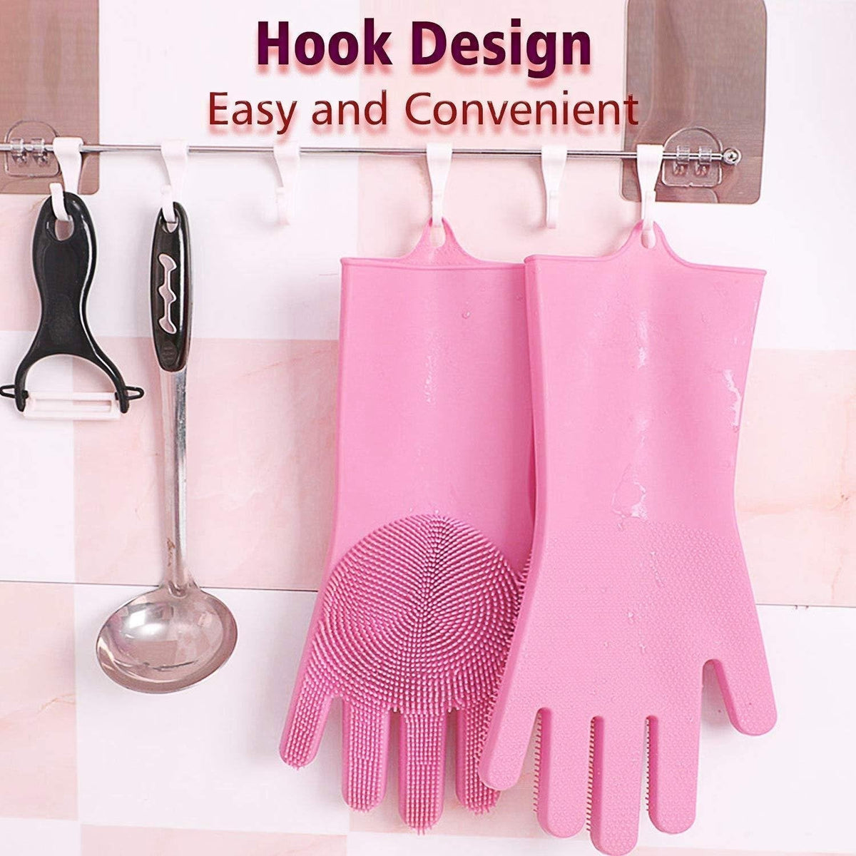 Multicolor silicone cleaning gloves with scrubbing bristles displayed. Main image