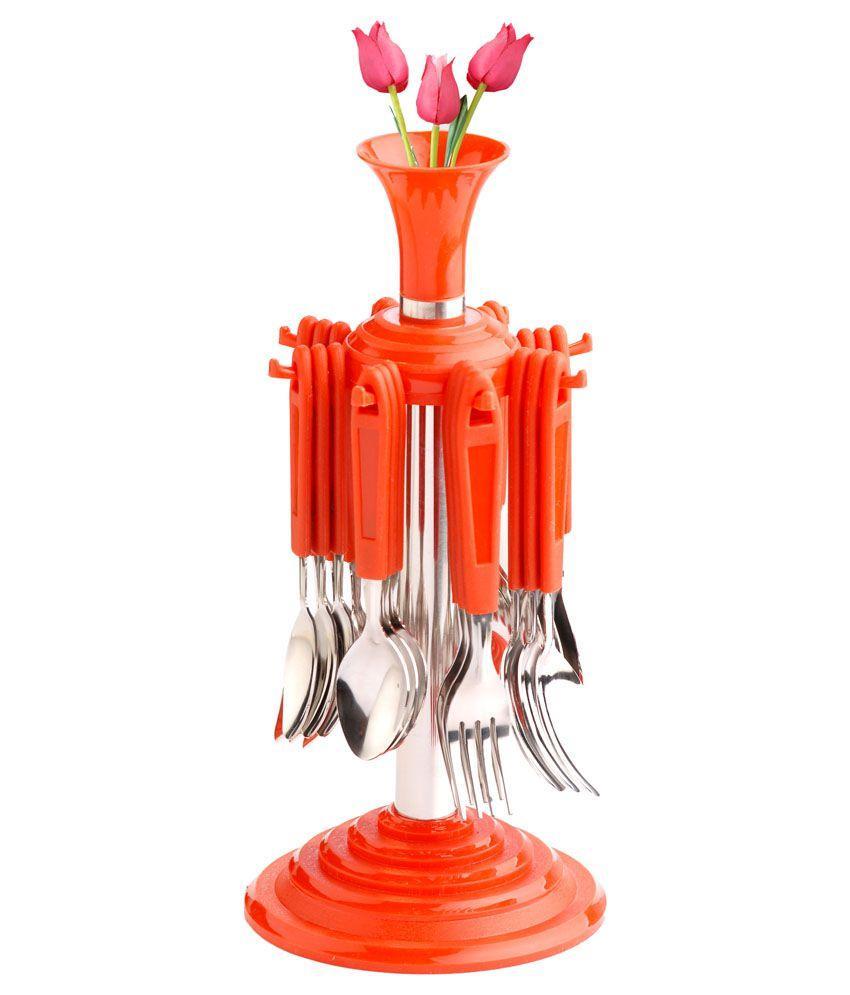 Elegant 24 Pcs cutlery set featuring stainless steel utensils with black plastic handles and a matching revolving stand. Main image