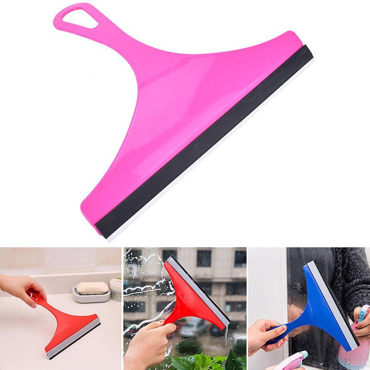 A vibrant pink car mirror wiper with a black rubber blade is shown, alongside three smaller in-use images of similar wipers. Main image