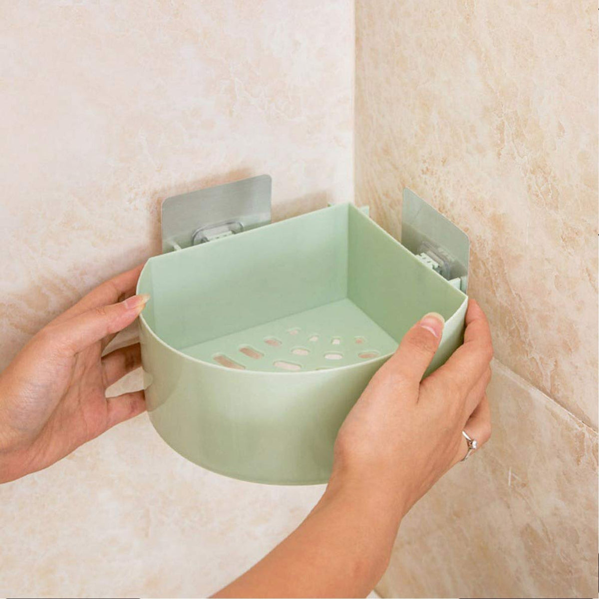 Self adhesive corner shelf installed in a modern bathroom. Main image