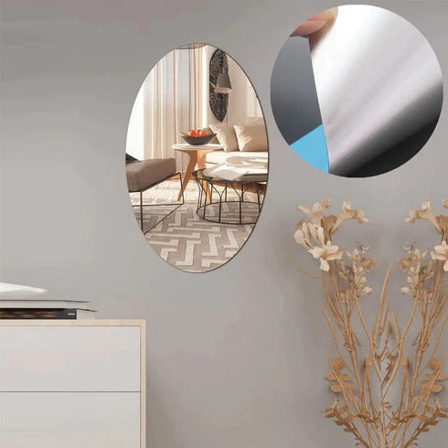 Oval Mirror Wall Sticker with a clear reflection, enhancing a modern living room. Main image