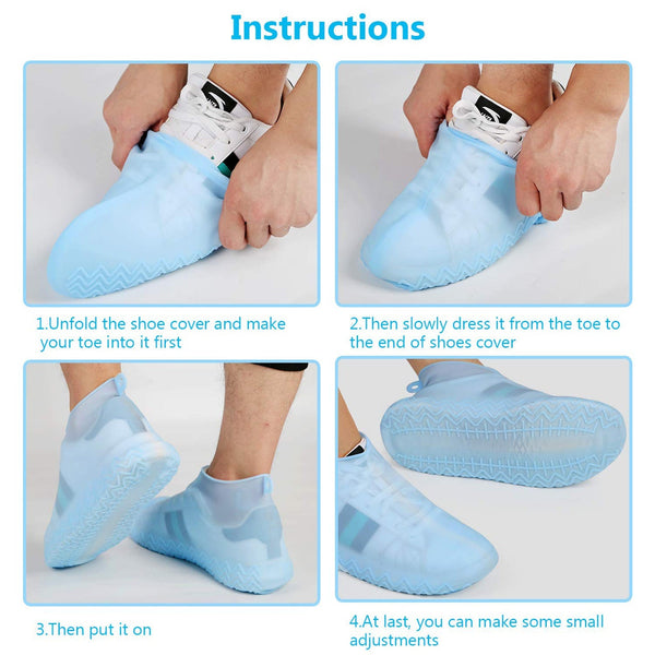 Four images demonstrating how to put on the blue silicone shoe covers, showing a person's feet and hands.