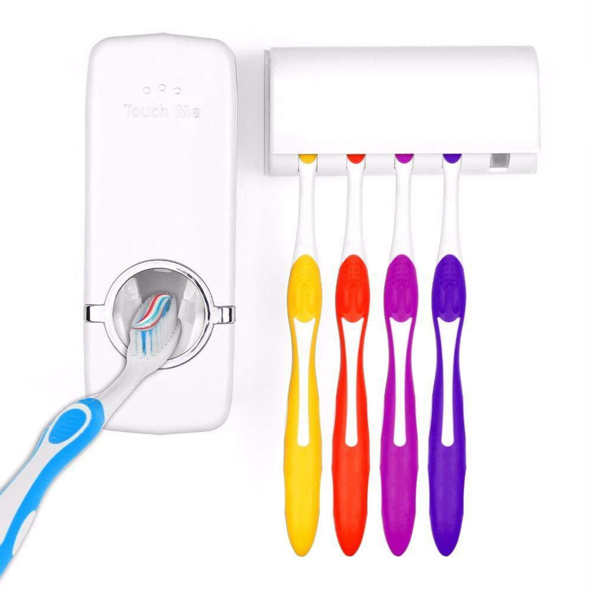 Hygienic automatic toothpaste dispenser and toothbrush holder mounted on a modern bathroom wall. Main image