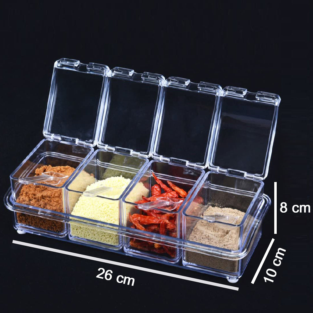 Clear acrylic spice rack with four compartments and spoons. Main image
