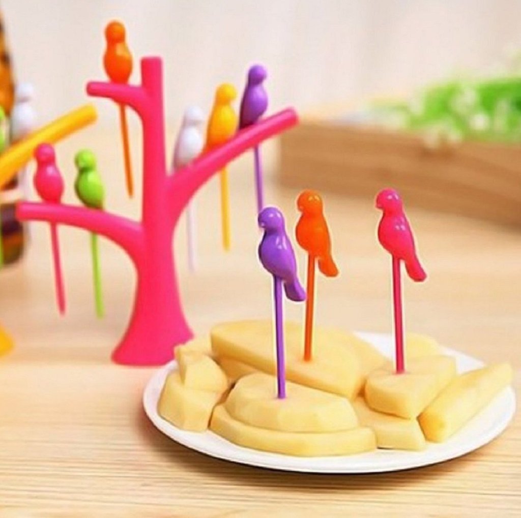 Set of colorful bird fruit forks with a tree holder, perfect for kids' snack time. Main image