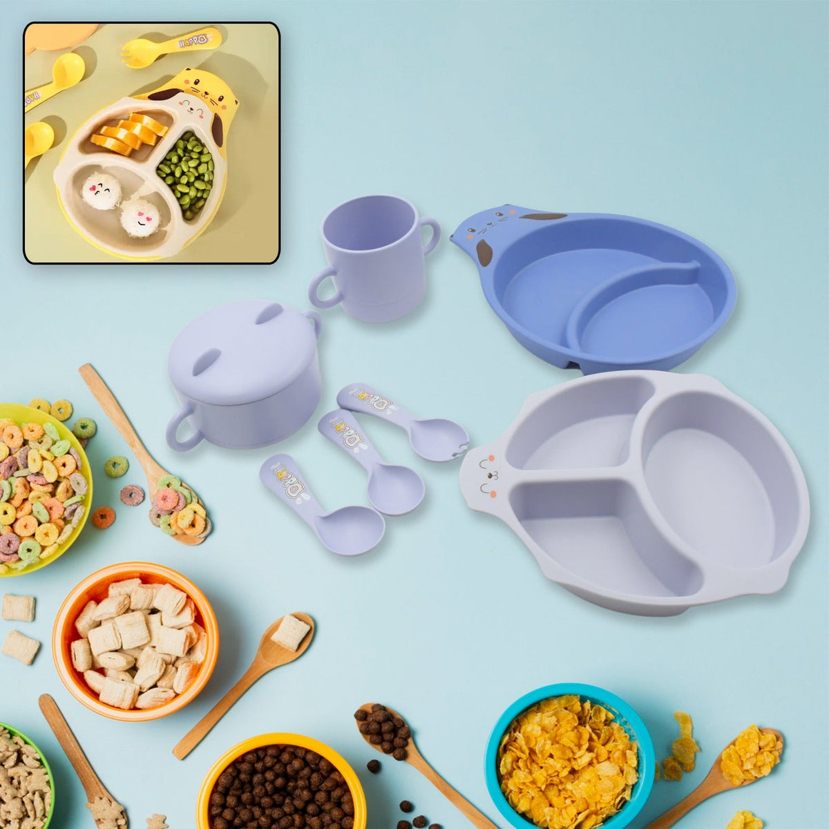 A complete 7-piece bamboo fibre baby feeding set with a charming cartoon design, laid out for display. Main image