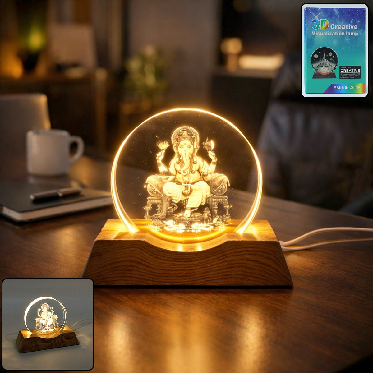 3D Lord Ganesha LED Night Lamp with wooden base glowing smoothly Main image