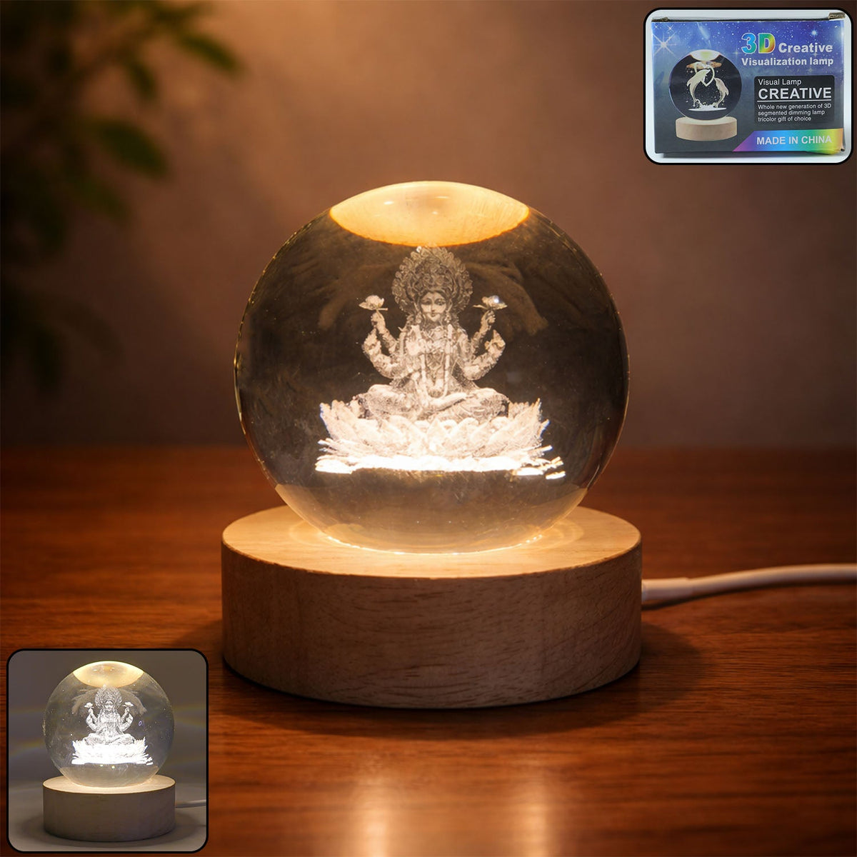 3D crystal Lakshmi ball LED night lamp with wooden base on table Main image