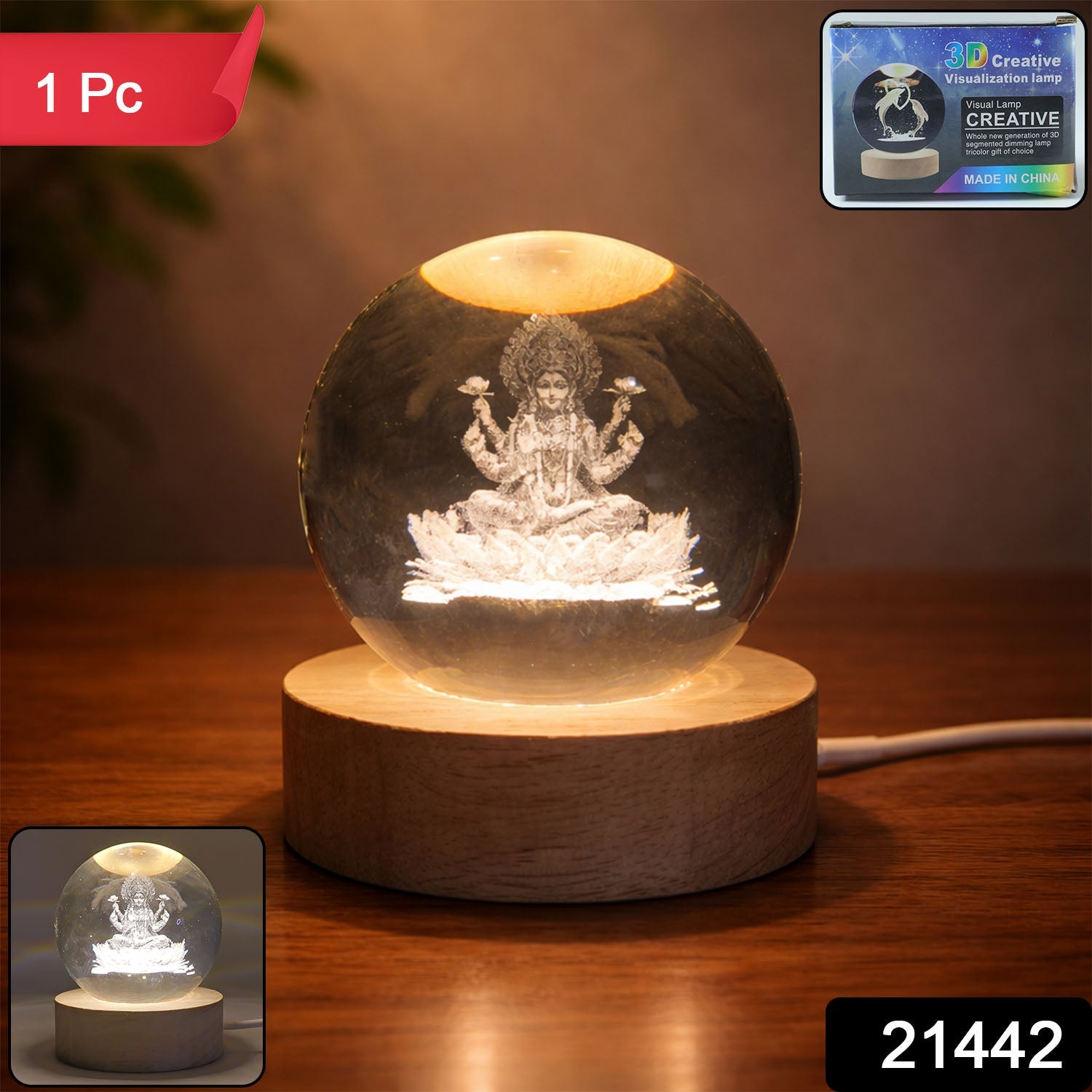 3D Crystal Lakshmi Ball LED Night Lamp – Warm Spiritual Decor Secondary image