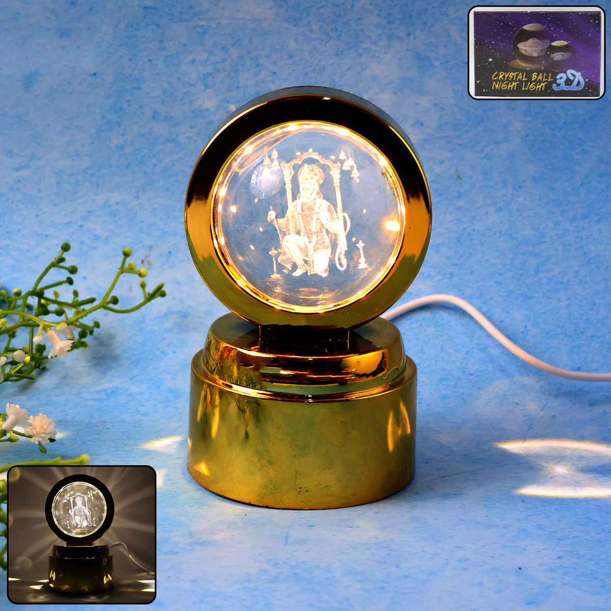 Bajrang Bali 3D crystal ball night light featuring soft LED illumination Main image
