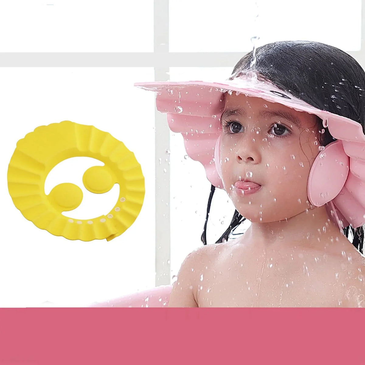 Adjustable baby shower cap in blue, protecting a child's eyes and ears during bath time. Main image
