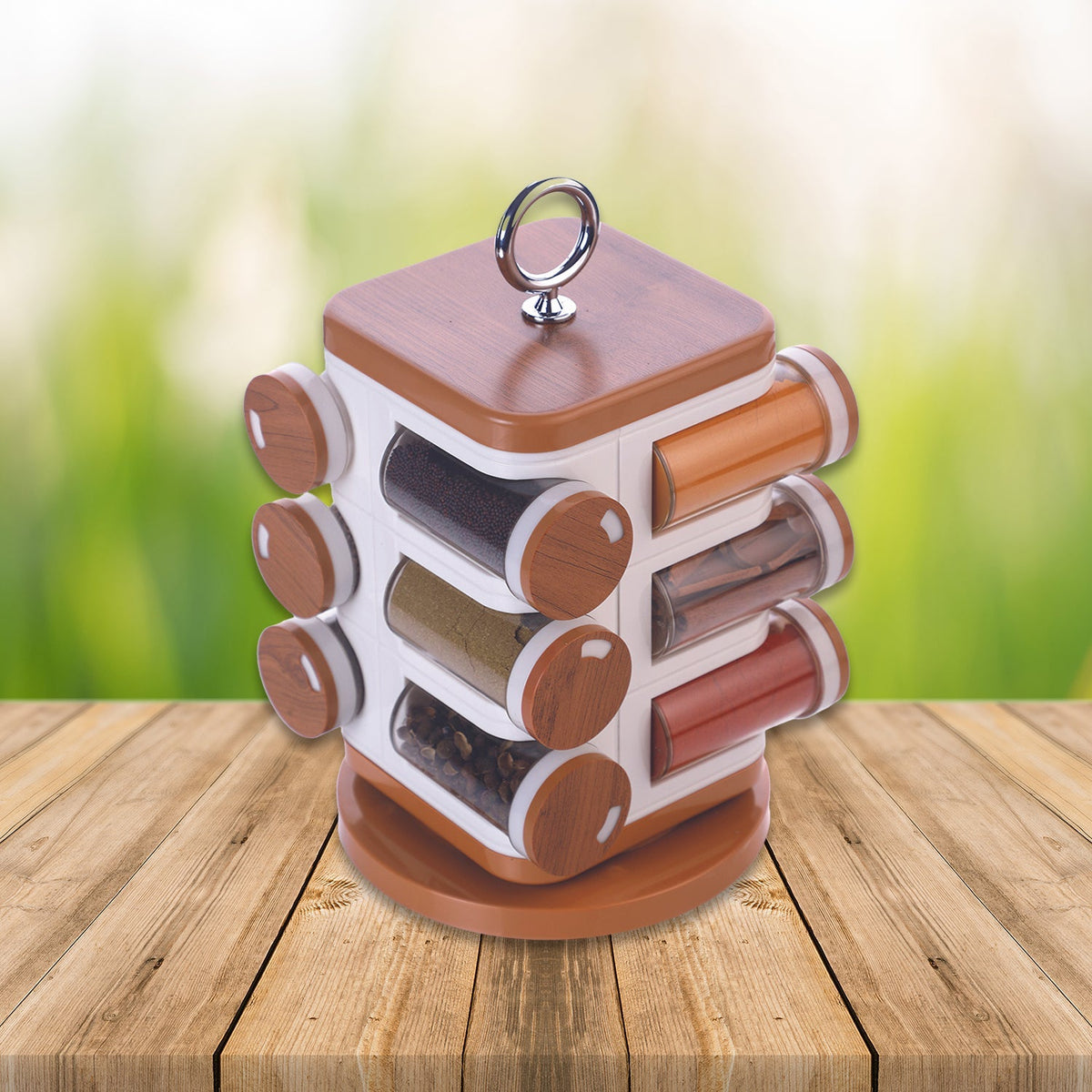 Ganesh 12-jar revolving spice rack, showcasing transparent jars with a wood-finish base. Main image