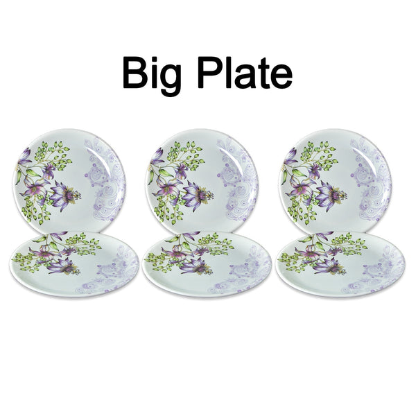High-quality 32-piece plastic tableware set displayed on a table.