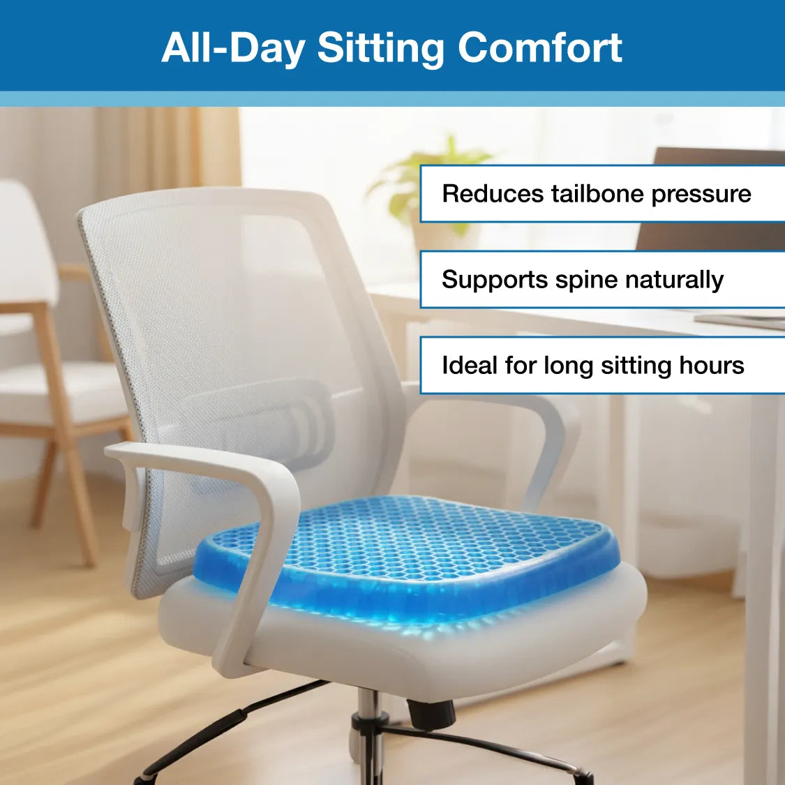 Orthopedic Seat Cushion with flex-grip honeycomb design for pressure relief. Main image