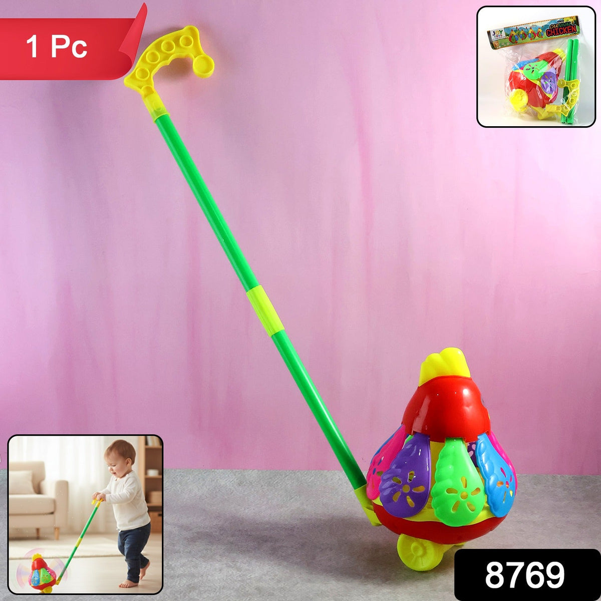 Toddler playing with colorful chicken push toy boosting motor skills Main image