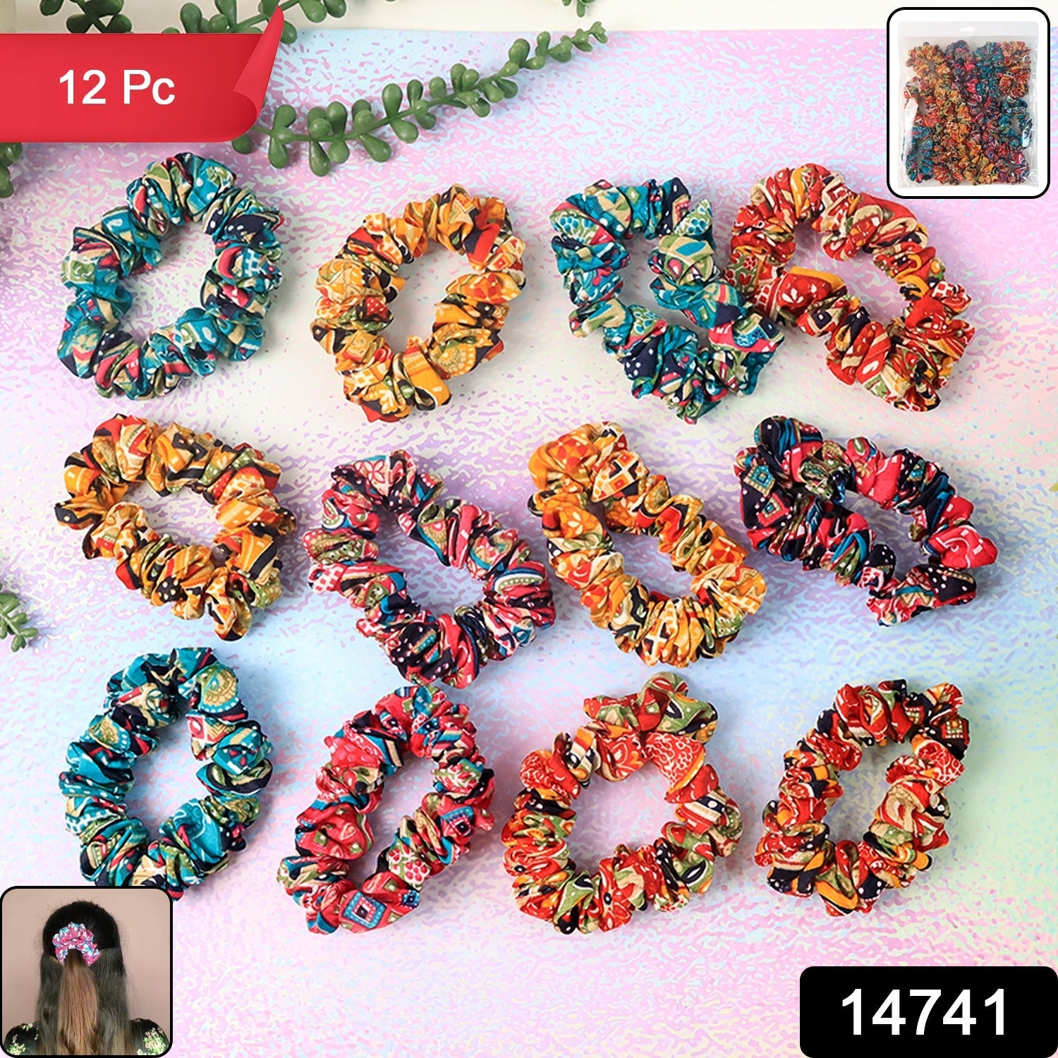 Printed Fabric Hair Scrunchies – Set of 12 Stylish Prints Secondary image