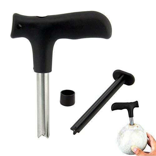 Stainless steel coconut opener tool with black handle on a white background. Main image