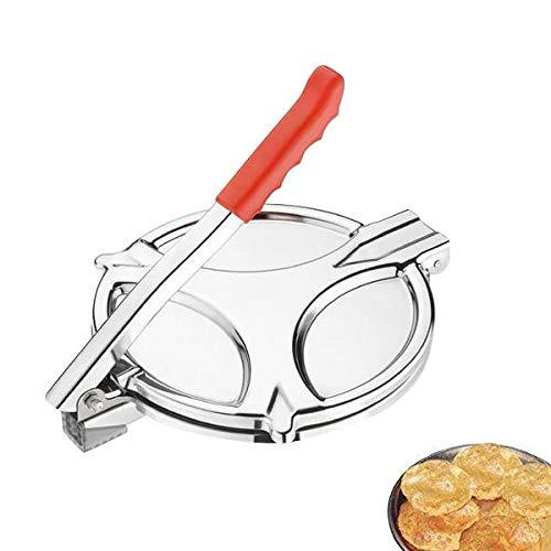 Stainless steel puri press machine with a wide, flat base for even dough flattening. Main image