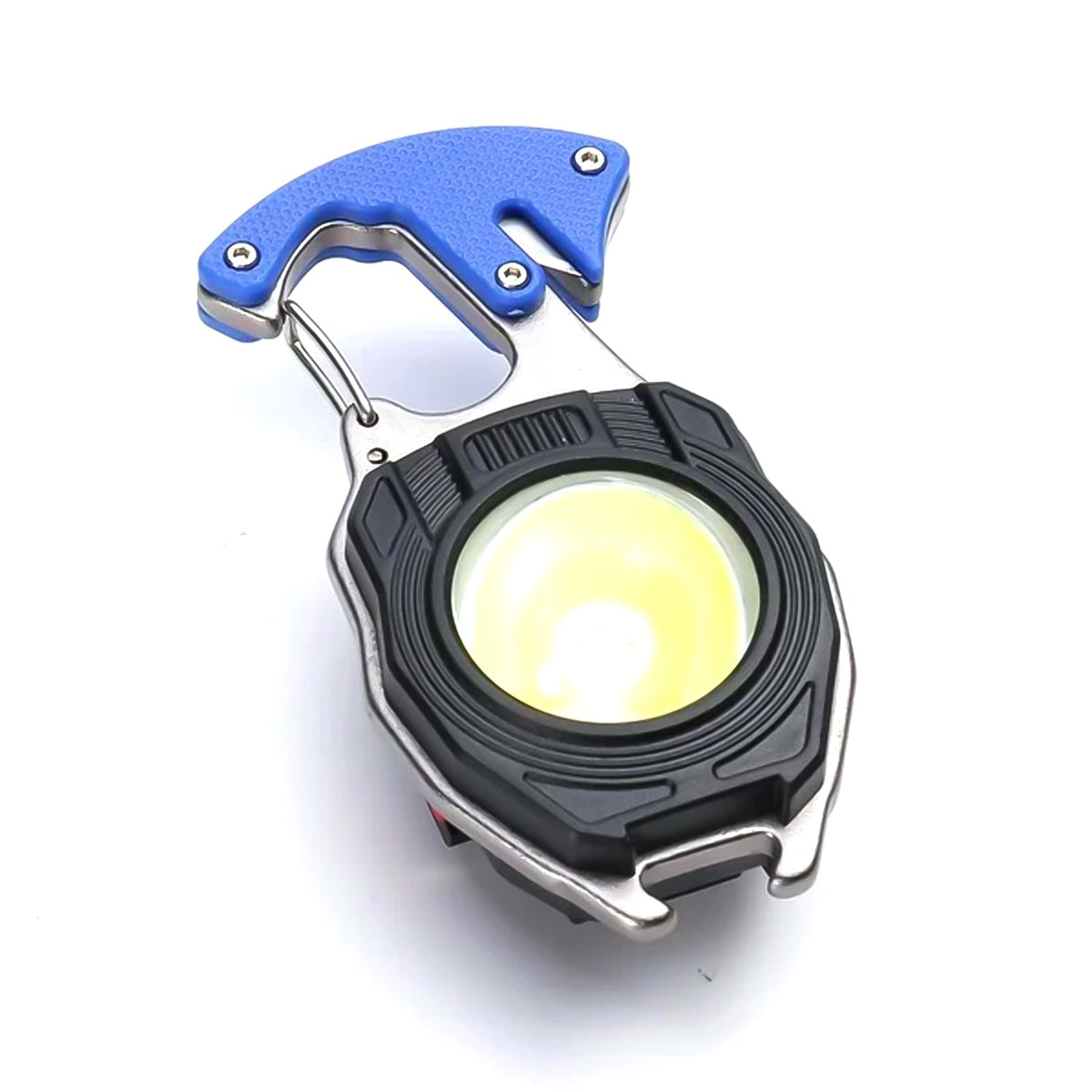 Black rechargeable LED keychain flashlight with a keyring attachment, ready for use. Main image