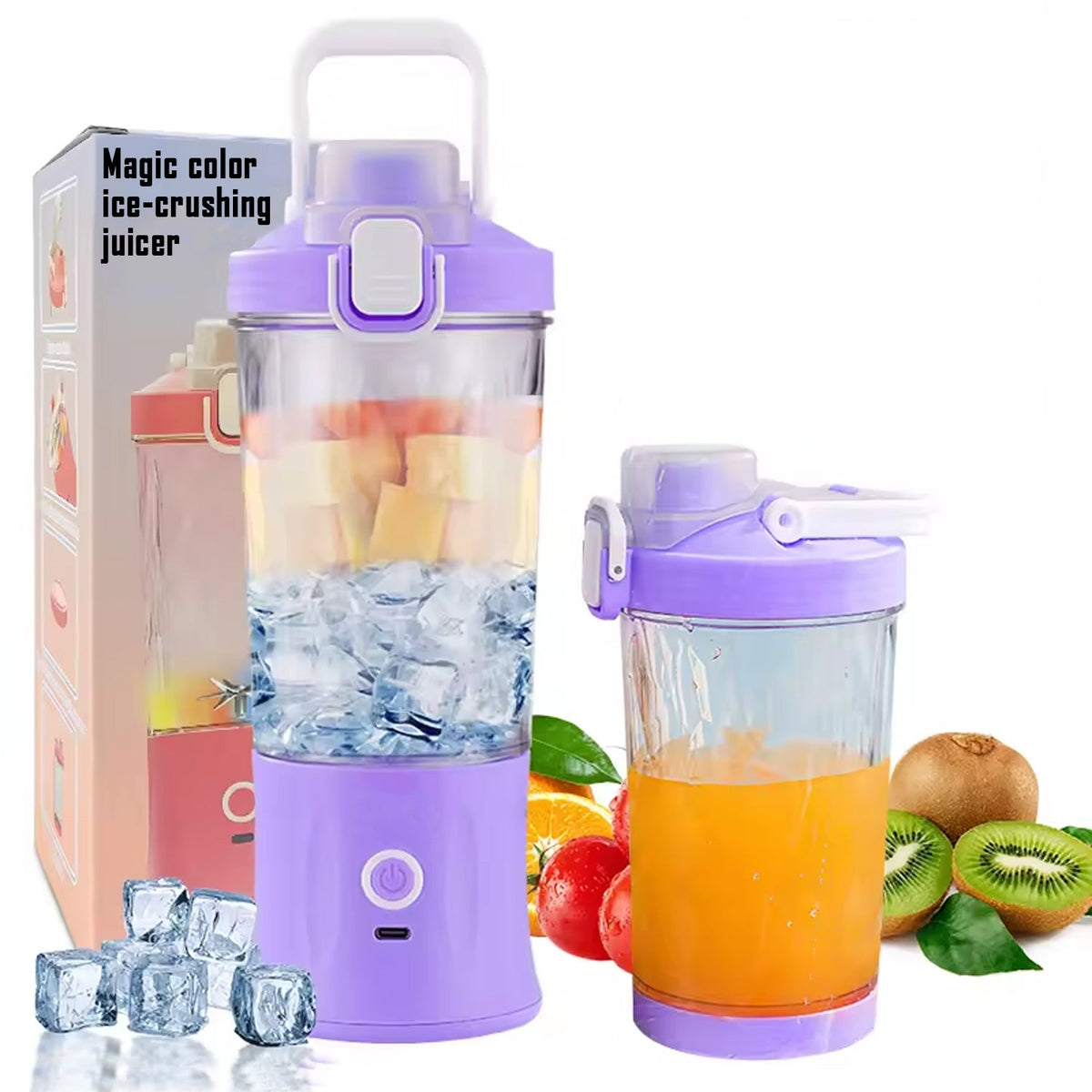 Portable Juicer with vibrant multicolor light, ready for blending. Main image