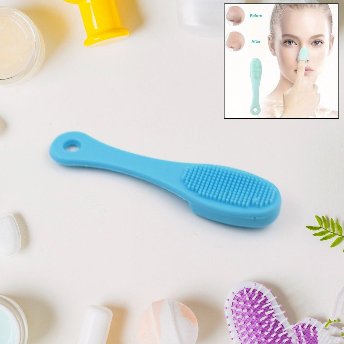 A hand holds the VelvaBloom silicone finger scrubber for gentle facial cleansing. Main image