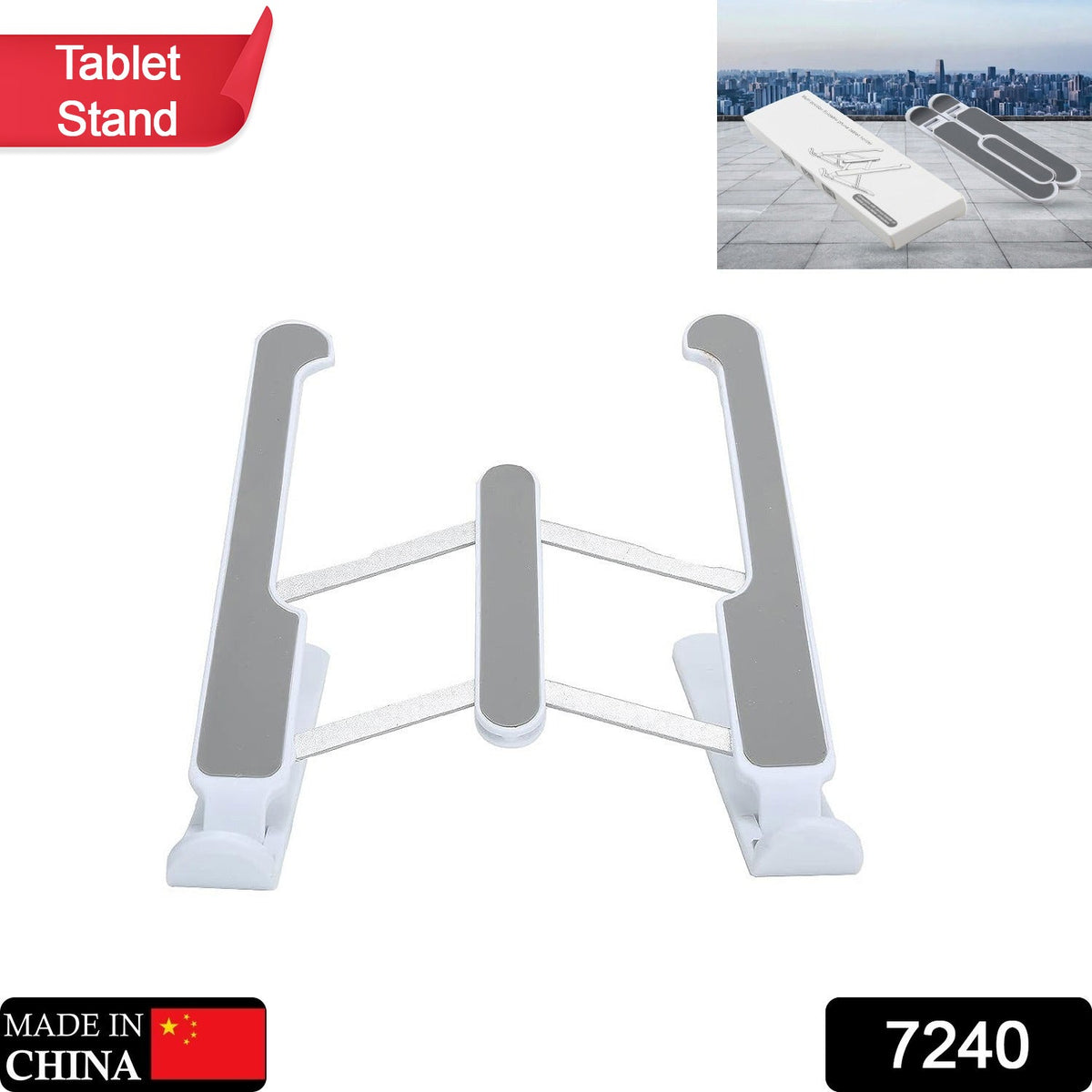 Adjustable tablet stand with foldable legs for ergonomic viewing. Main image